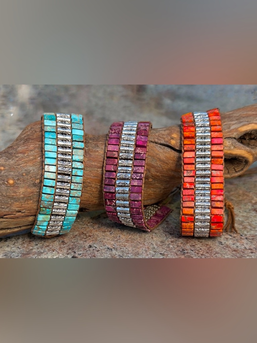 Turquoise Bead and Silver Accent Wrap Boho Stackable Bracelet - Picture 4 of 4